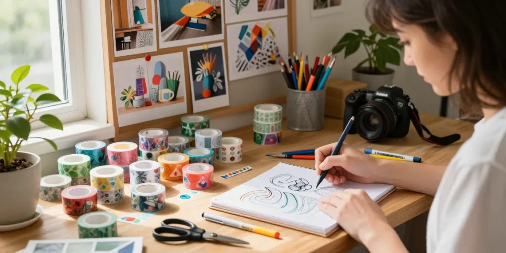 Colorful custom washi tape rolls in a creative workspace with designer sketching.