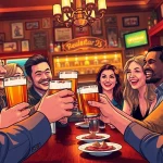 Group of friends enjoying drinks to illustrate why do we say on the lash in a lively pub