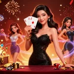 Win88: elegant Asian woman enjoying playing cards in a vibrant gaming scene filled with casino elements