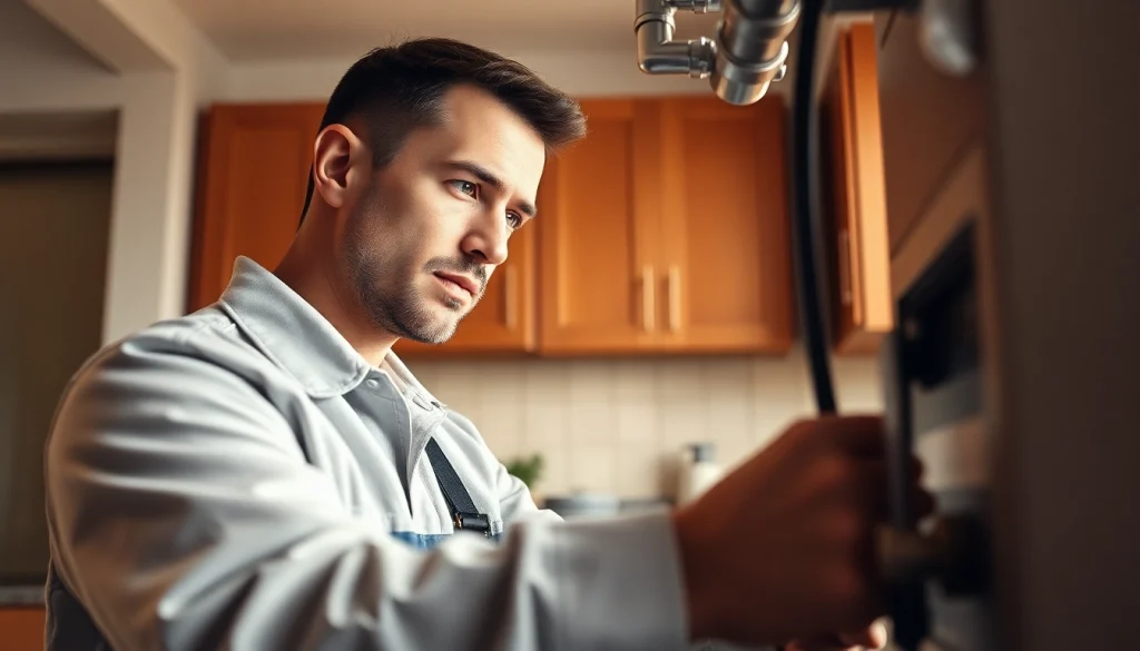 Skilled Bristol plumber fixing a home heating system in a warm kitchen.