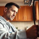 Skilled Bristol plumber fixing a home heating system in a warm kitchen.
