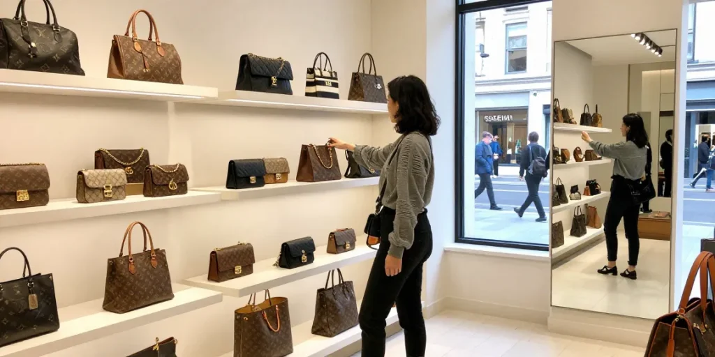 Shopping for 명품 레플리카 in a chic urban boutique filled with stylish accessories.