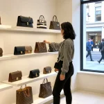 Shopping for 명품 레플리카 in a chic urban boutique filled with stylish accessories.