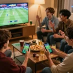 Friends immersing in cakhiatv capital sports betting experience during a live football match.