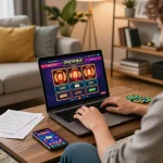 Player engaging in online casino games on 888top from a cozy home setup with notes and a smartphone.