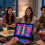 Friends enjoying KO66 gaming app in cozy apartment setting.
