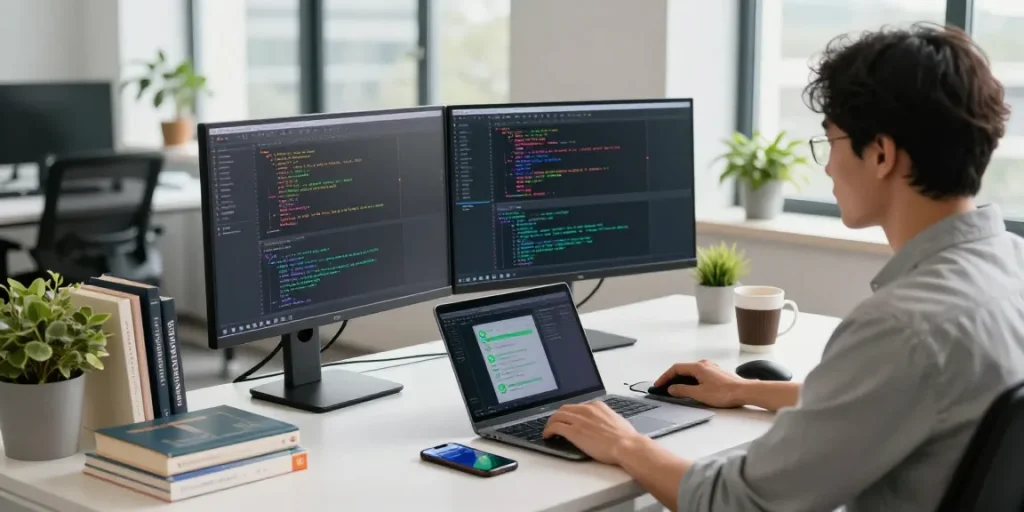 Developer working in a tech office on WhatsApp下載 with dual monitors and coding.