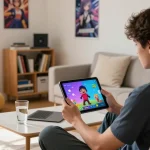 Engaging chat with crushon ia AI character in a modern living room.