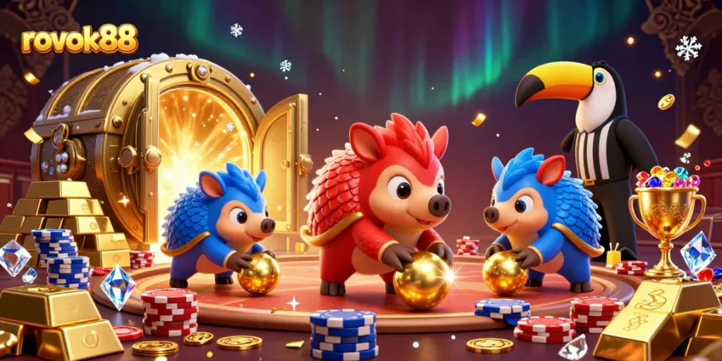rokok88 pangolins compete in a colorful casino scene filled with poker chips and treasures.