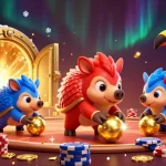 rokok88 pangolins compete in a colorful casino scene filled with poker chips and treasures.