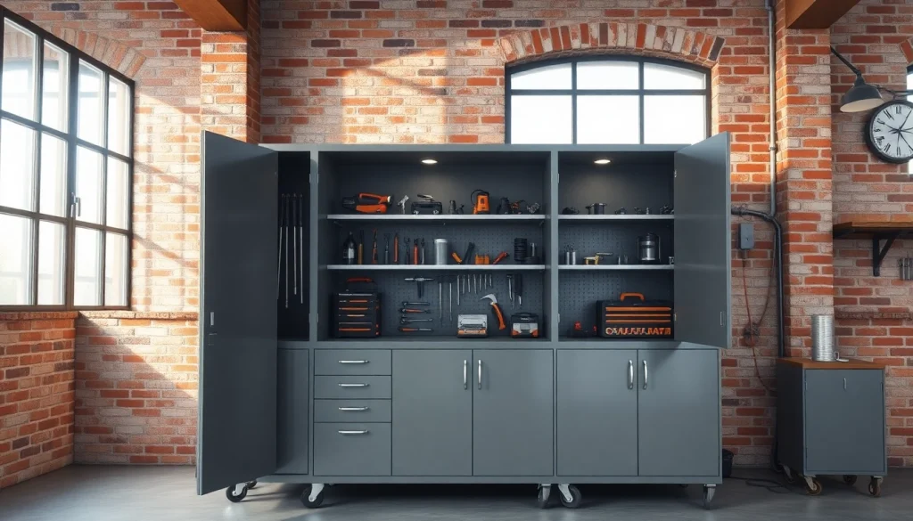 Organized steel cabinet showcasing tools in a bright industrial workspace.