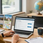 Client portal for travel agents displayed on a laptop at a scenic travel agency office, showcasing personalized travel planning.