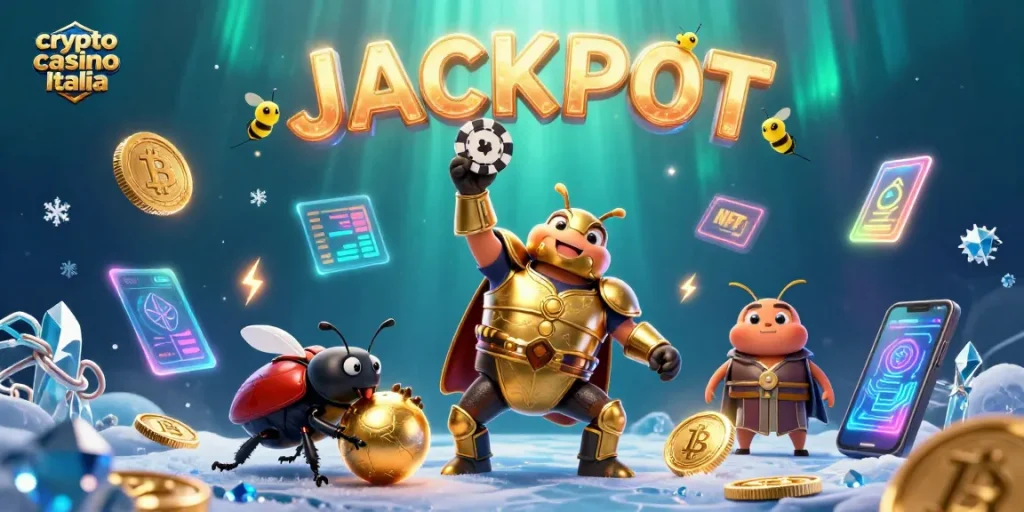 Gioca al crypto casino Italia con un scarabeo ercole che celebra la vittoria sulle criptovalute.