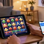 Player enjoying slot dana game on tablet with colorful graphics in cozy living room setting.