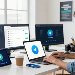 Using Telegram on Android in a modern workspace, showcasing productivity in China