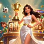 Win big with slot 5k featuring a victorious Asian woman in a dynamic casino scene.