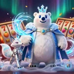 Join the excitement of credit card online casinos with a vibrant 3D scene featuring a polar bear king and winning slots.