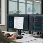 Data scientist using advanced tech to detect fraud in PDF documents in a modern workspace.