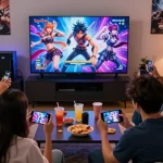 Friends enjoying mobile hentai games together in a cozy living room, creating an engaging gaming atmosphere.