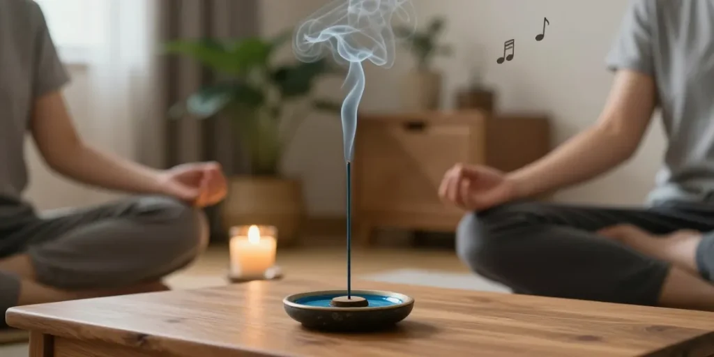 Person meditating with liquid-blue-incense in a tranquil setting, creating a soothing atmosphere