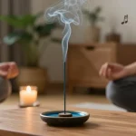 Person meditating with liquid-blue-incense in a tranquil setting, creating a soothing atmosphere