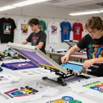 Luminous printing workshop showcasing skilled printer creating custom t-shirts with vibrant designs.