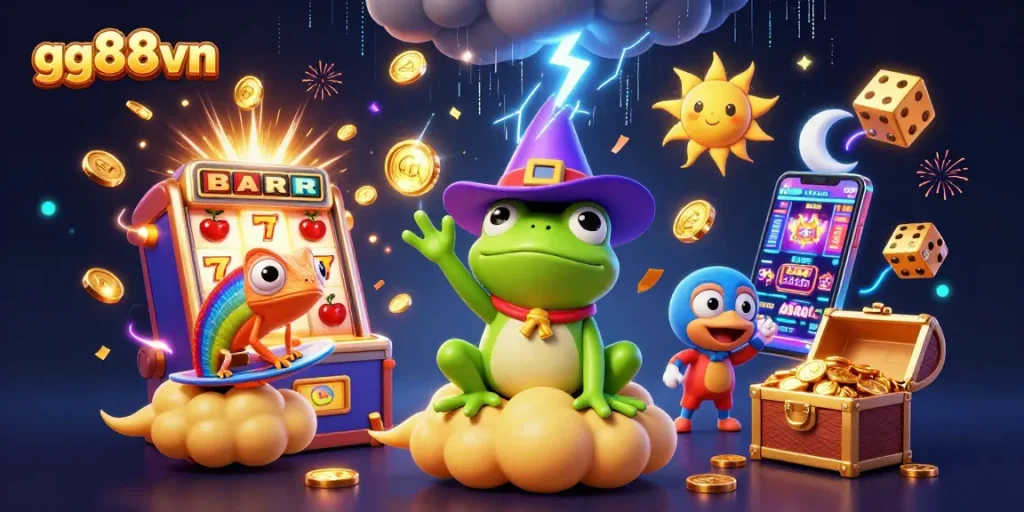 Spin to win with gg88vn as golden coins rain down in a lively casino scene.