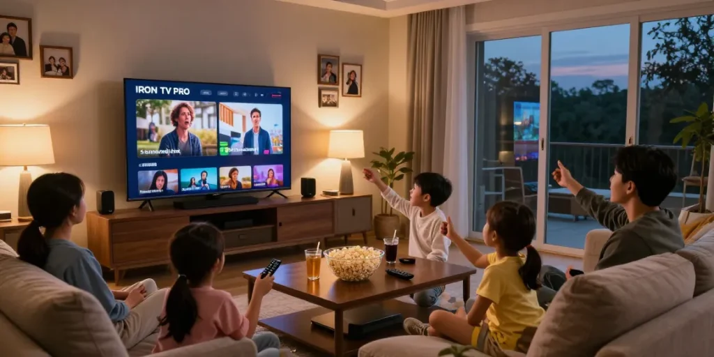 Une famille profitant d'une soirée cinéma en utilisant IRON TV PRO dans un salon confortable