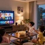 Une famille profitant d'une soirée cinéma en utilisant IRON TV PRO dans un salon confortable