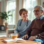 Elderly in home care near me, a caregiver providing assistance to an elderly person in a warm, inviting living room.
