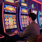 Exciting moment at a slot gacor game with player celebrating a win in a vibrant casino atmosphere.