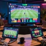 LUCK8 users engaging with a dynamic online betting platform surrounded by colorful graphics and live sports events.