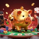 Engage with xx7's vibrant gambling scene featuring an energetic golden piggy bank sumo wrestler and dynamic casino elements.