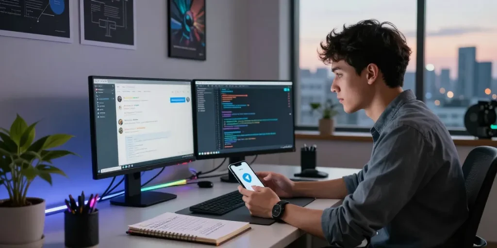 Using Telegram on Android in a modern tech workspace in China.