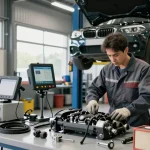Professioneller Mechaniker bei der Arbeit in der BMW Werkstatt Hannover mit Fokus auf Motorinspektion und hochwertigen Werkzeugen.