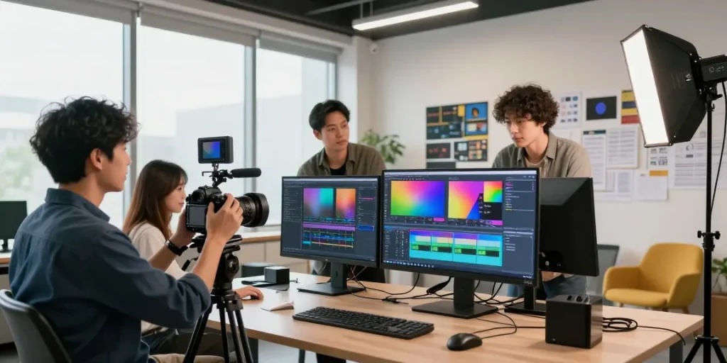 Corporate Video Recording Sg production team collaborating on innovative video project in a modern studio.