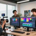 Corporate Video Recording Sg production team collaborating on innovative video project in a modern studio.
