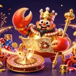 Casinò non AAMS: Grande granchio imperiale d'oro circondato da monete e gettoni.