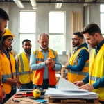 Engaged group in construction training programs learning hands-on techniques in a vibrant workshop.