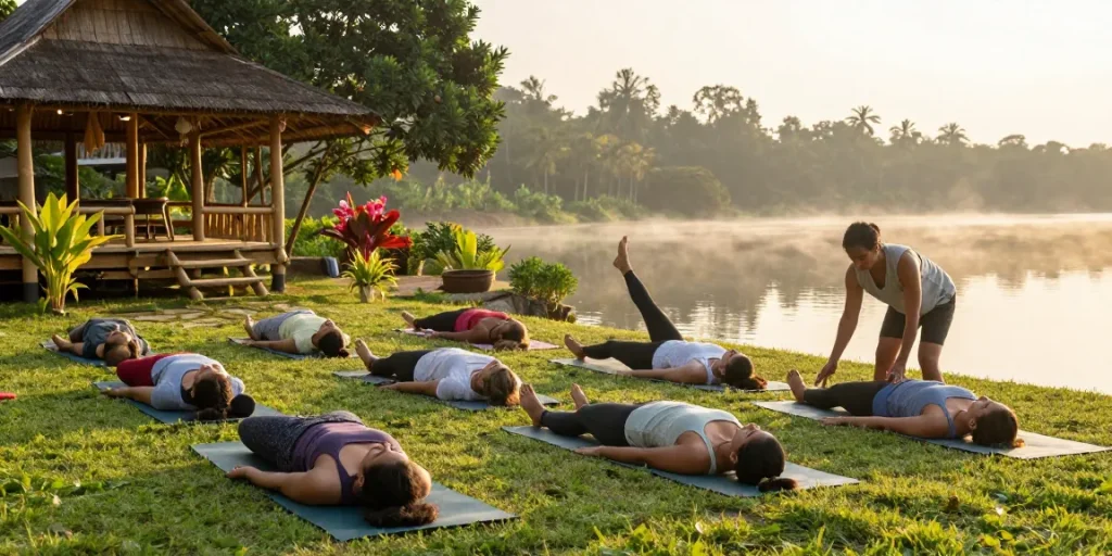 yoga teacher training sri lanka session at Lanka Yoga on Koggala Lake with students practicing under a serene sunrise