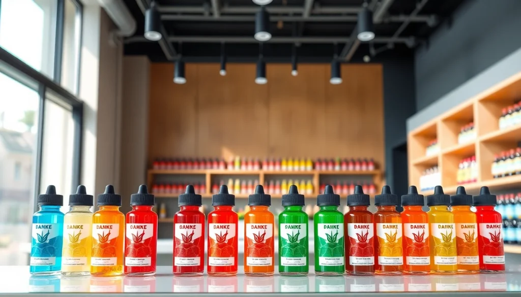 Showcase of colorful vape juice bottles in a modern shop setting, highlighting variety.