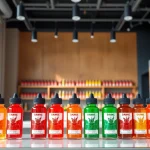 Showcase of colorful vape juice bottles in a modern shop setting, highlighting variety.