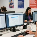 Telus-Technical-Support: Customer service agent assisting clients in a modern call center environment.