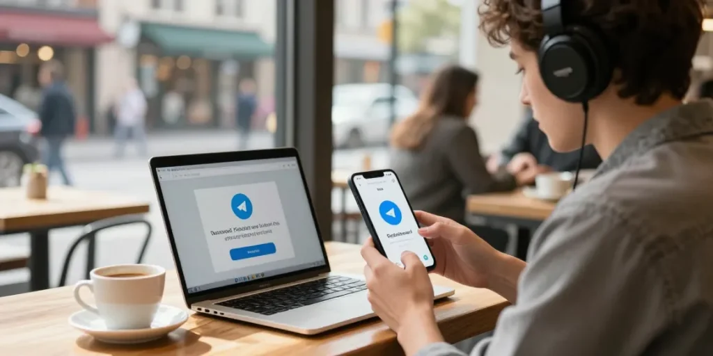 Engaging with Telegram on Android in a café setting, demonstrating communication in China.