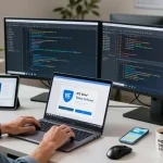 WPS Download process on high-performance laptop in a vibrant tech workspace, showcasing productivity tools and multitasking.