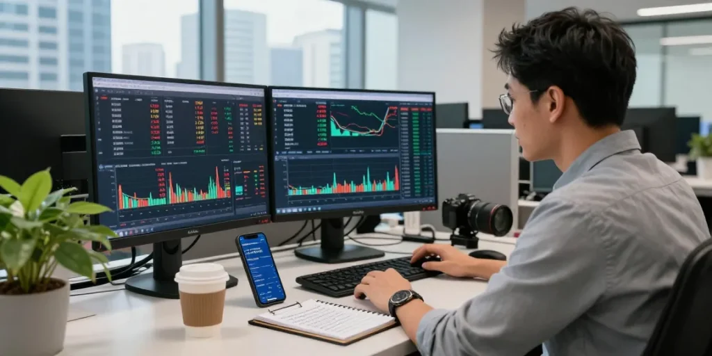 Trader analyzing currency exchange rates live on multiple screens in a modern office.