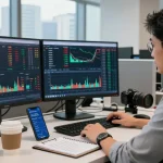 Trader analyzing currency exchange rates live on multiple screens in a modern office.