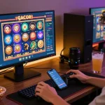 Player engaging with slot gacor games in a vibrant online gaming setup, showcasing immersive technology and gaming accessories.