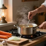 Leckere Klare Suppe, die in einer rustikalen Küche mit frischen Zutaten gekocht wird.