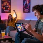 Gamer enthusiast enjoying slot88 games on a tablet in a cozy living room atmosphere.